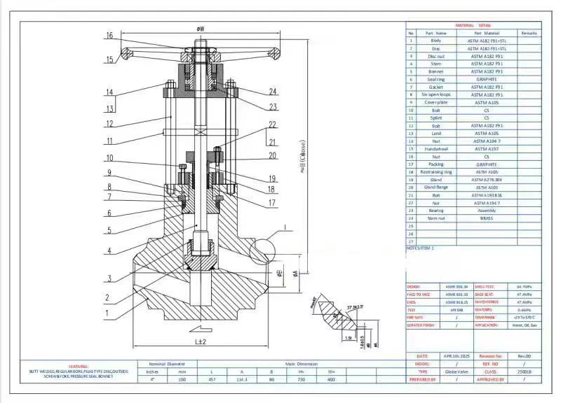 drawing of Globe valve-DN100 DN80-class2500 900 300 150-F91 F22 F11 A105 drawing of Globe valve-DN100 DN80-class2500 900 300 150-F91 F22 F11 A105